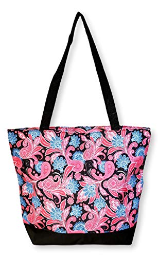 Women Teen Fashion Print Lined Top Zipper Tote Bag Handbag with Lined Interior - Can be Personalized (Black Trim Pink Paisley)