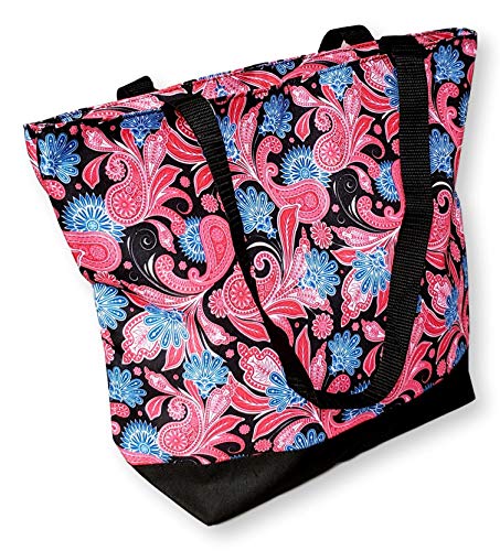 Women Teen Fashion Print Lined Top Zipper Tote Bag Handbag with Lined Interior - Can be Personalized (Black Trim Pink Paisley)