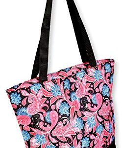 Women Teen Fashion Print Lined Top Zipper Tote Bag Handbag with Lined Interior - Can be Personalized (Black Trim Pink Paisley)