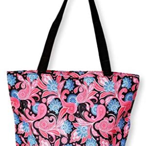 Women Teen Fashion Print Lined Top Zipper Tote Bag Handbag with Lined Interior - Can be Personalized (Black Trim Pink Paisley)