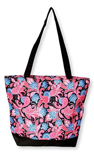 Women Teen Fashion Print Lined Top Zipper Tote Bag Handbag with Lined Interior - Can be Personalized (Black Trim Pink Paisley)