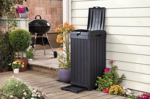Keter Baltimore 38 Gallon Trash Can with Lid and Drip Tray for Easy Cleaning-Perfect for Patios, Kitchens, and Outdoor Entertaining, 38 Gallons, Black