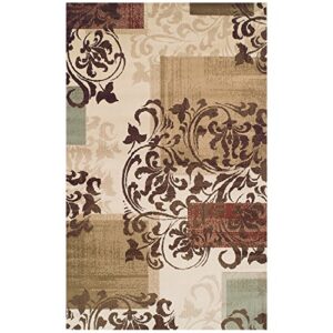 shakespeare indoor area rug, floral scroll design, geometric pattern, soft, elegant, durable, jute backing, mid-century, transitional, modern, beige, 5′ x 8′