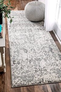 nuloom floral damask rosemary runner rug, 2′ 8″ x 8′, grey