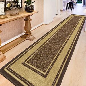 machine washable bordered design non-slip rubberback 3×10 traditional runner rug for hallway, kitchen, bedroom, living room, 2’7″ x 9’10”, brown