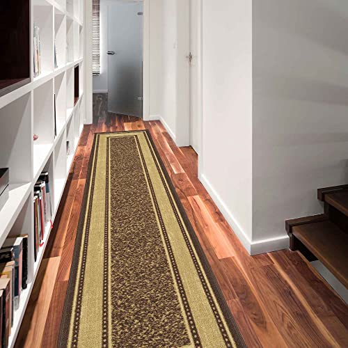 Machine Washable Bordered Design Non-Slip Rubberback 3x10 Traditional Runner Rug for Hallway, Kitchen, Bedroom, Living Room, 2'7" x 9'10", Brown