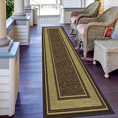 Machine Washable Bordered Design Non-Slip Rubberback 3x10 Traditional Runner Rug for Hallway, Kitchen, Bedroom, Living Room, 2'7" x 9'10", Brown