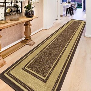 Machine Washable Bordered Design Non-Slip Rubberback 3x10 Traditional Runner Rug for Hallway, Kitchen, Bedroom, Living Room, 2'7" x 9'10", Brown