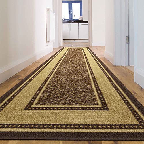 Machine Washable Bordered Design Non-Slip Rubberback 3x10 Traditional Runner Rug for Hallway, Kitchen, Bedroom, Living Room, 2'7" x 9'10", Brown