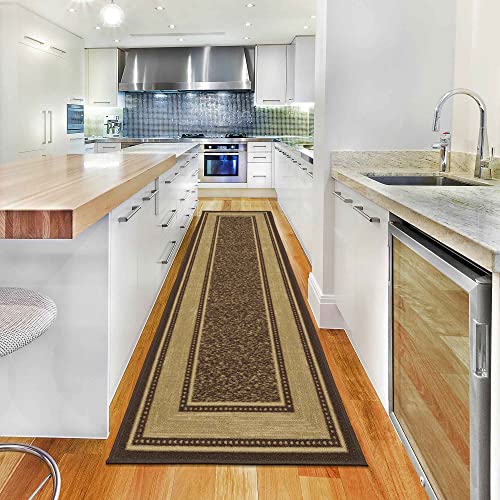 Machine Washable Bordered Design Non-Slip Rubberback 3x10 Traditional Runner Rug for Hallway, Kitchen, Bedroom, Living Room, 2'7" x 9'10", Brown