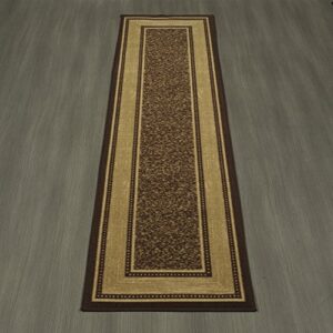 Machine Washable Bordered Design Non-Slip Rubberback 3x10 Traditional Runner Rug for Hallway, Kitchen, Bedroom, Living Room, 2'7" x 9'10", Brown