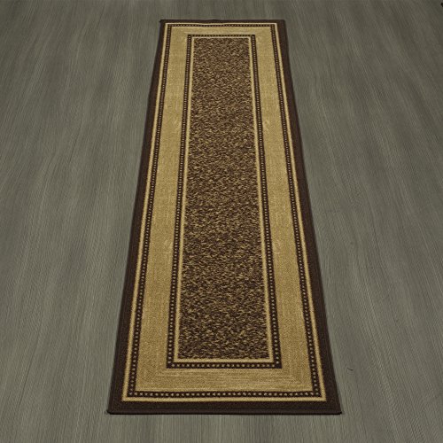 Machine Washable Bordered Design Non-Slip Rubberback 3x10 Traditional Runner Rug for Hallway, Kitchen, Bedroom, Living Room, 2'7" x 9'10", Brown