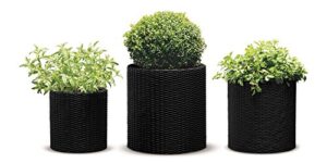 keter resin wicker cylinder flower pot set of 3 small, medium, and large planters with drainage plugs for outdoor or indoor plants, charcoal grey