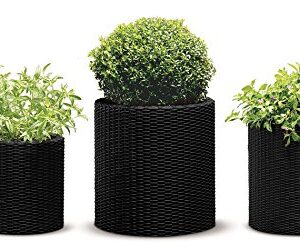 Keter Resin Wicker Cylinder Flower Pot Set of 3 Small, Medium, and Large Planters with Drainage Plugs for Outdoor or Indoor Plants, Charcoal Grey