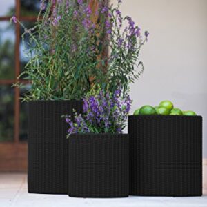 Keter Resin Wicker Cylinder Flower Pot Set of 3 Small, Medium, and Large Planters with Drainage Plugs for Outdoor or Indoor Plants, Charcoal Grey