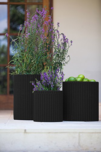 Keter Resin Wicker Cylinder Flower Pot Set of 3 Small, Medium, and Large Planters with Drainage Plugs for Outdoor or Indoor Plants, Charcoal Grey