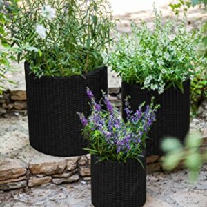 Keter Resin Wicker Cylinder Flower Pot Set of 3 Small, Medium, and Large Planters with Drainage Plugs for Outdoor or Indoor Plants, Charcoal Grey