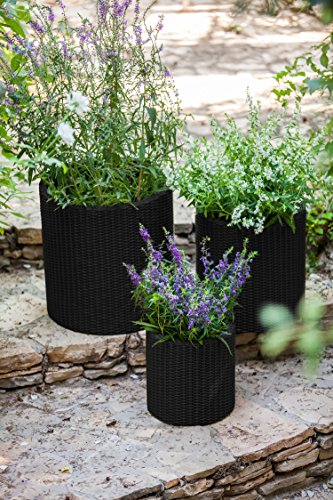 Keter Resin Wicker Cylinder Flower Pot Set of 3 Small, Medium, and Large Planters with Drainage Plugs for Outdoor or Indoor Plants, Charcoal Grey