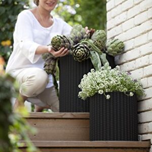 Keter Resin Wicker Cylinder Flower Pot Set of 3 Small, Medium, and Large Planters with Drainage Plugs for Outdoor or Indoor Plants, Charcoal Grey