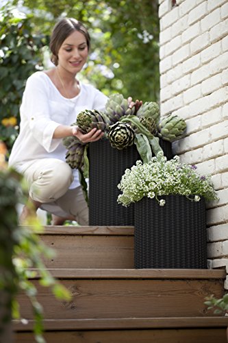 Keter Resin Wicker Cylinder Flower Pot Set of 3 Small, Medium, and Large Planters with Drainage Plugs for Outdoor or Indoor Plants, Charcoal Grey