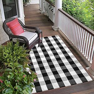 SHACOS Buffalo Plaid Rug 3'x5' Indoor Outdoor Black and White Buffalo Check Rug Front Porch Rug Plaid Door Mat Woven Cotton Area Rug Throw Plaid Rug for Kitchen Living Room Washable