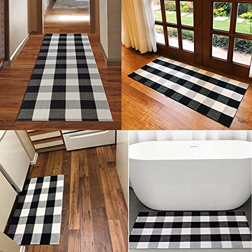 SHACOS Buffalo Plaid Rug 3'x5' Indoor Outdoor Black and White Buffalo Check Rug Front Porch Rug Plaid Door Mat Woven Cotton Area Rug Throw Plaid Rug for Kitchen Living Room Washable