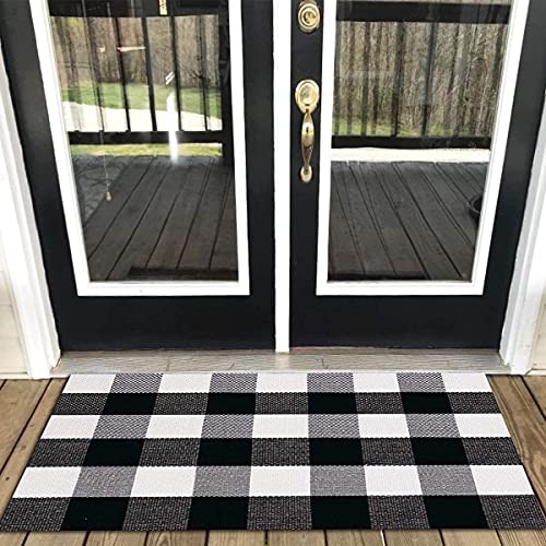 SHACOS Buffalo Plaid Rug 3'x5' Indoor Outdoor Black and White Buffalo Check Rug Front Porch Rug Plaid Door Mat Woven Cotton Area Rug Throw Plaid Rug for Kitchen Living Room Washable