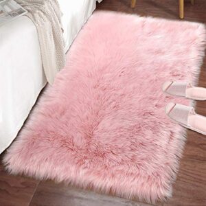 lochas soft fluffy faux fur rugs for bedroom bedside rug 2×3, washable furry area rug carpet for living room dorm floor, durable faux throw carpets, pink