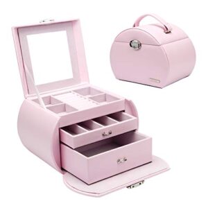 homde girls jewelry box pink storage case organizer faux leather with mirror