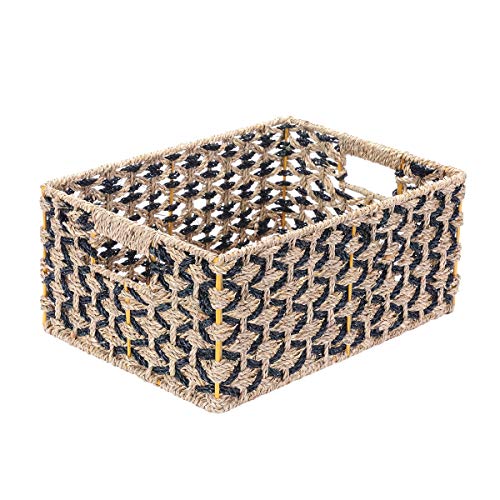 Villacera Rectangle Hand Weaved Wicker Baskets made of Water Hyacinth | Nesting Black and Natural Seagrass Bins | Set of 2