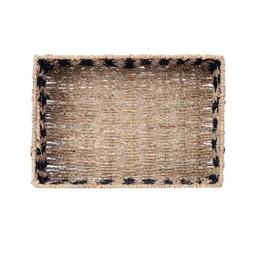 Villacera Rectangle Hand Weaved Wicker Baskets made of Water Hyacinth | Nesting Black and Natural Seagrass Bins | Set of 2