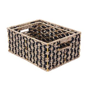 Villacera Rectangle Hand Weaved Wicker Baskets made of Water Hyacinth | Nesting Black and Natural Seagrass Bins | Set of 2