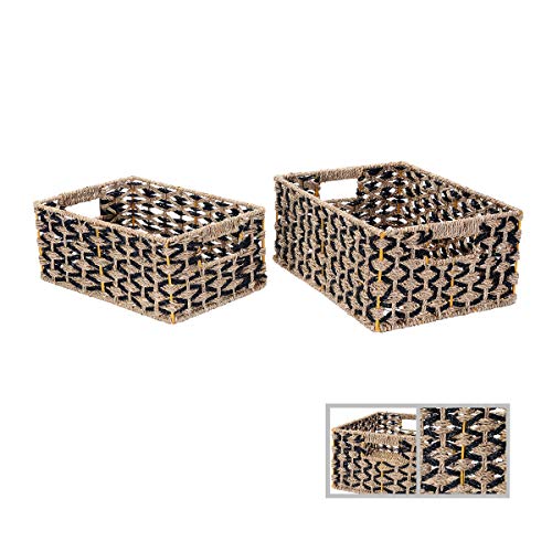 Villacera Rectangle Hand Weaved Wicker Baskets made of Water Hyacinth | Nesting Black and Natural Seagrass Bins | Set of 2