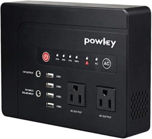 powkey 200watt portable power bank with ac outlet, rechargeable backup lithium battery, 110v pure sine wave ac outlet for outdoor rv trip travel home office emergency