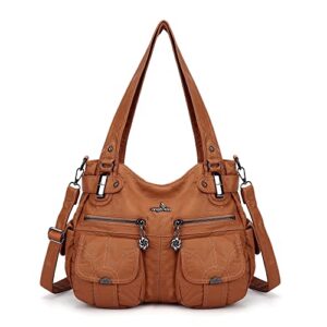 angelkiss women’s designer handbag large double zipper multi pocket washed, brown