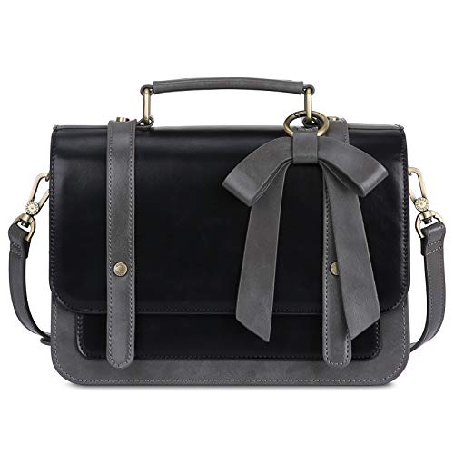 ECOSUSI Small Crossbody Bags Vintage Satchel Work Bag Vegan Leather Shoulder Bag with Detachable Bow, Black