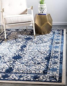 unique loom la jolla collection vintage, contemporary, border, ornate, traditional area rug, 5 ft x 8 ft, blue/ivory