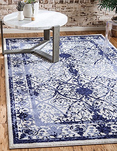 Unique Loom La Jolla Collection Vintage, Contemporary, Border, Ornate, Traditional Area Rug, 5 ft x 8 ft, Blue/Ivory