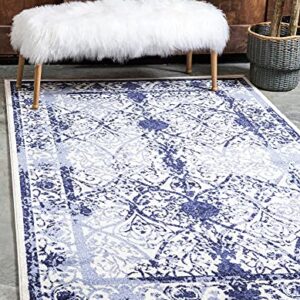 Unique Loom La Jolla Collection Vintage, Contemporary, Border, Ornate, Traditional Area Rug, 5 ft x 8 ft, Blue/Ivory