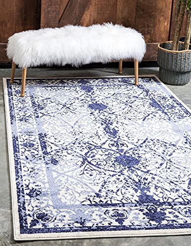 Unique Loom La Jolla Collection Vintage, Contemporary, Border, Ornate, Traditional Area Rug, 5 ft x 8 ft, Blue/Ivory