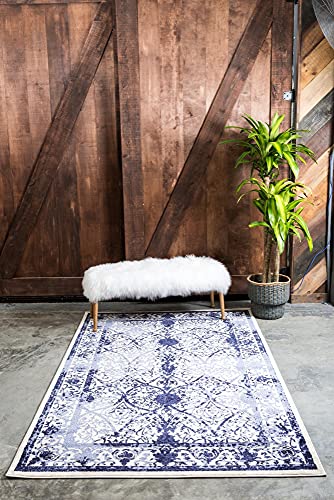 Unique Loom La Jolla Collection Vintage, Contemporary, Border, Ornate, Traditional Area Rug, 5 ft x 8 ft, Blue/Ivory