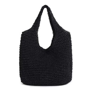 qtkj hand-woven soft large straw shoulder bag boho straw handle tote retro summer beach bag rattan handbag (black)