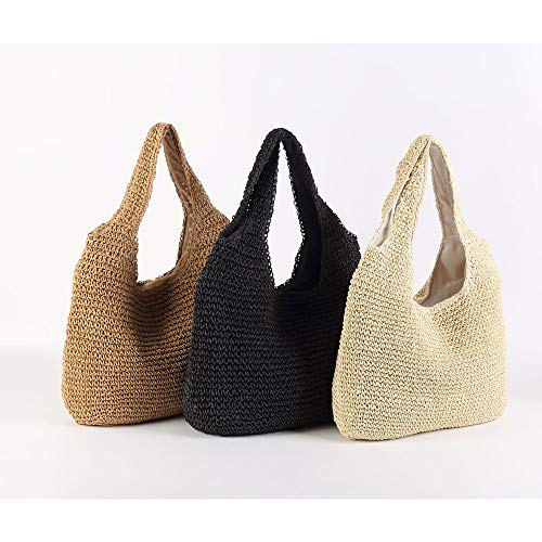 QTKJ Hand-woven Soft Large Straw Shoulder Bag Boho Straw Handle Tote Retro Summer Beach Bag Rattan Handbag (Black)