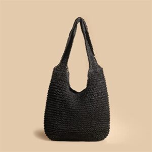 QTKJ Hand-woven Soft Large Straw Shoulder Bag Boho Straw Handle Tote Retro Summer Beach Bag Rattan Handbag (Black)