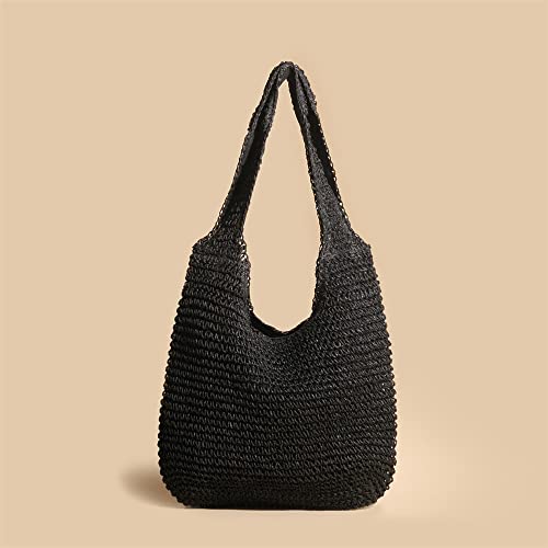 QTKJ Hand-woven Soft Large Straw Shoulder Bag Boho Straw Handle Tote Retro Summer Beach Bag Rattan Handbag (Black)