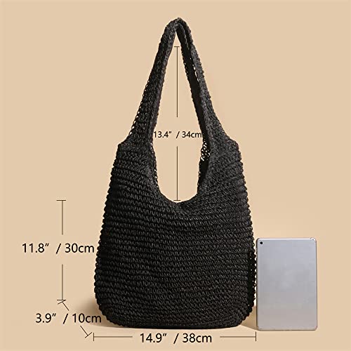 QTKJ Hand-woven Soft Large Straw Shoulder Bag Boho Straw Handle Tote Retro Summer Beach Bag Rattan Handbag (Black)