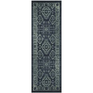 Maples Rugs Georgina Traditional Runner Rug Non Slip Washable Hallway Entry Carpet [Made in USA], 2' x 6', Navy Blue/Green