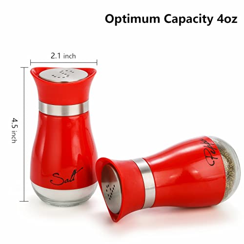 Tebery 4 Ounces Red Salt and Pepper Shakers Set, Elegant Stainless Steel with Glass Bottom