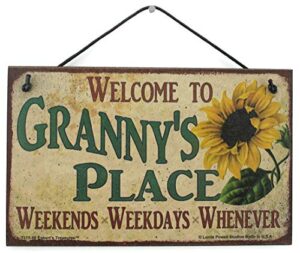 5×8 vintage style sign with sunflower saying, “welcome to granny’s place weekends, weekdays, whenever ” decorative fun universal household family signs for grandma (5×8)
