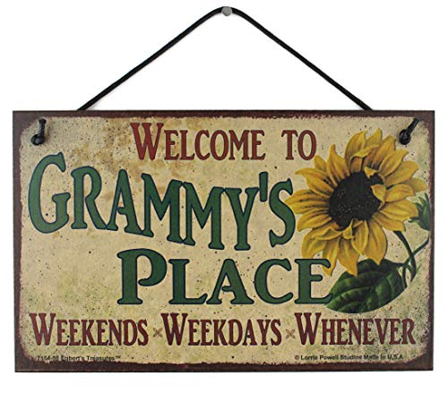 Egbert's Treasures 5x8 Vintage Style Sign with Sunflower Saying, Welcome to Grammy's Place Weekends, Weekdays, Whenever Decorative Fun Universal Household Signs from